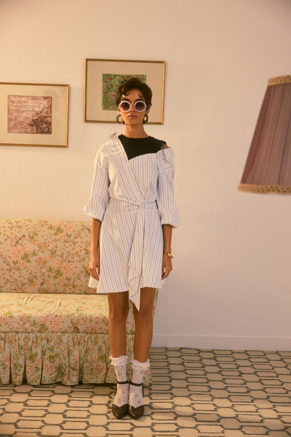 Pinstripe Asymmetric Wrap Dress