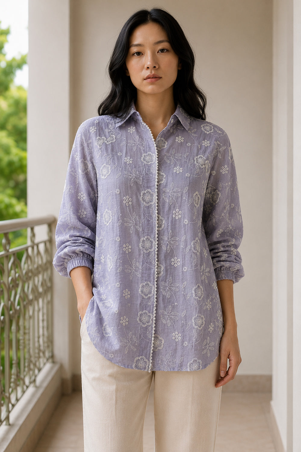 Lilac Bloom Embroidered Shirt