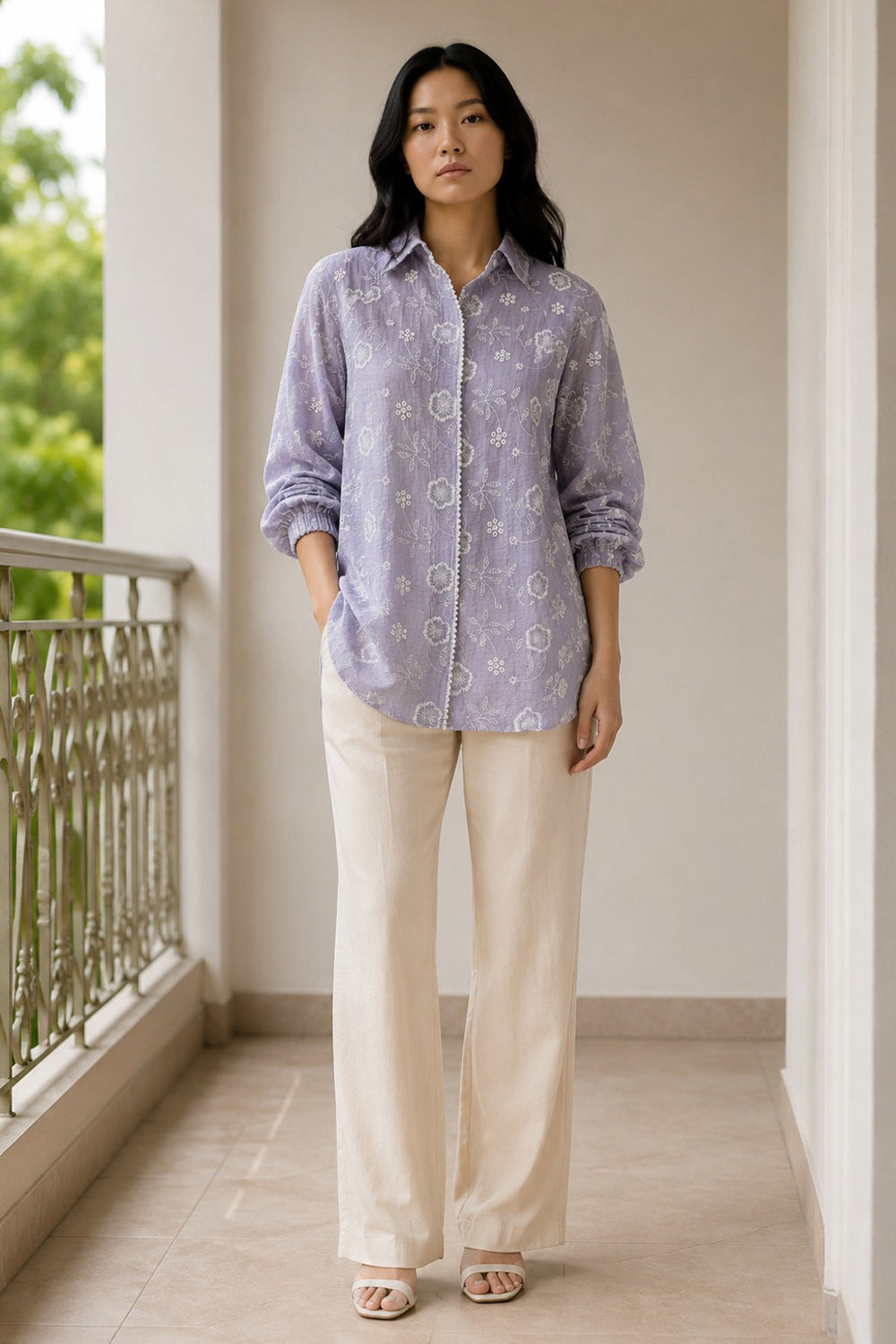 Lilac Bloom Embroidered Shirt