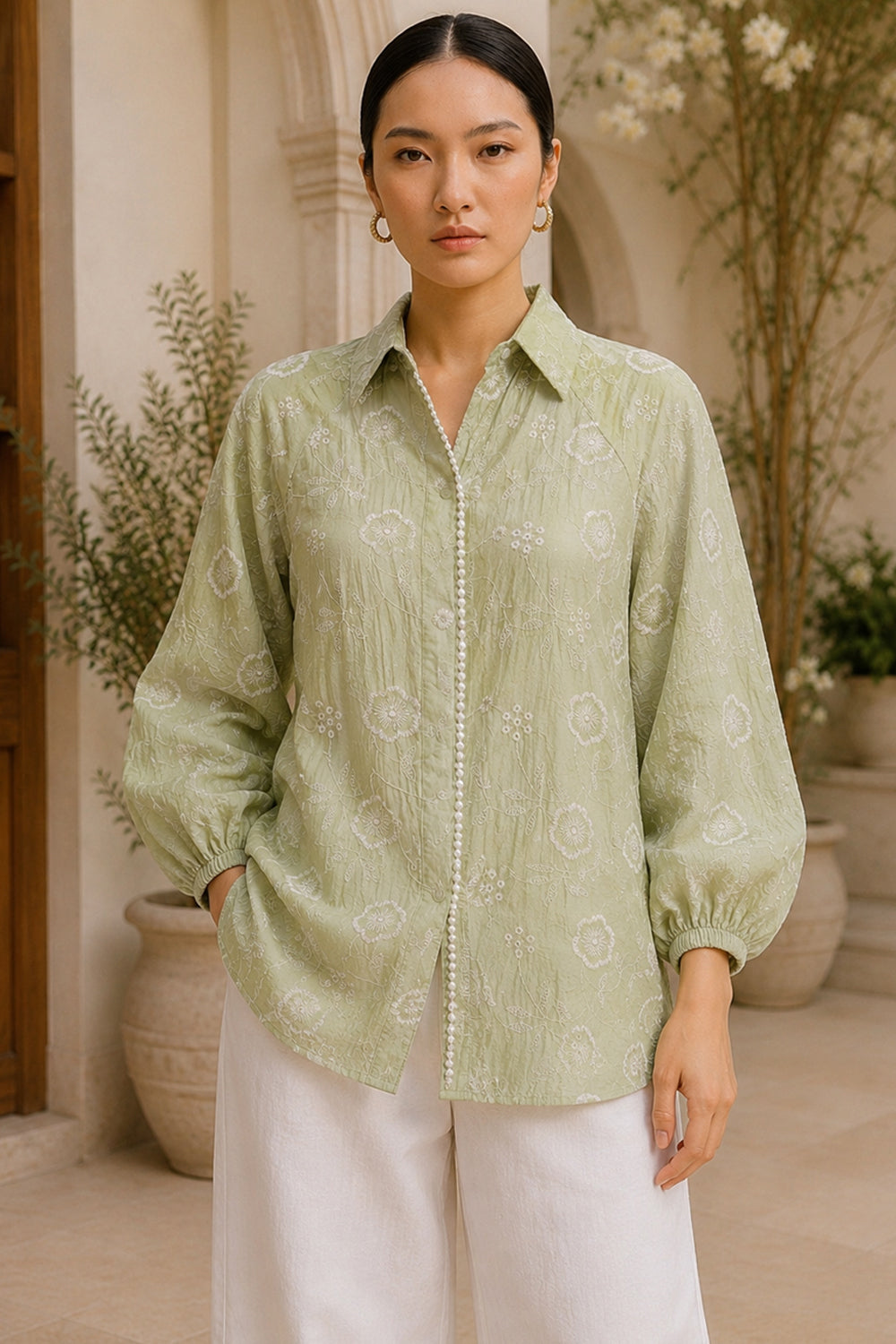 Sage Bloom Embroidered Shirt