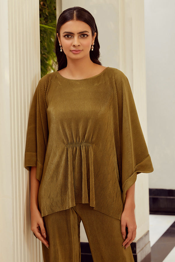 Olive Pleated Top
